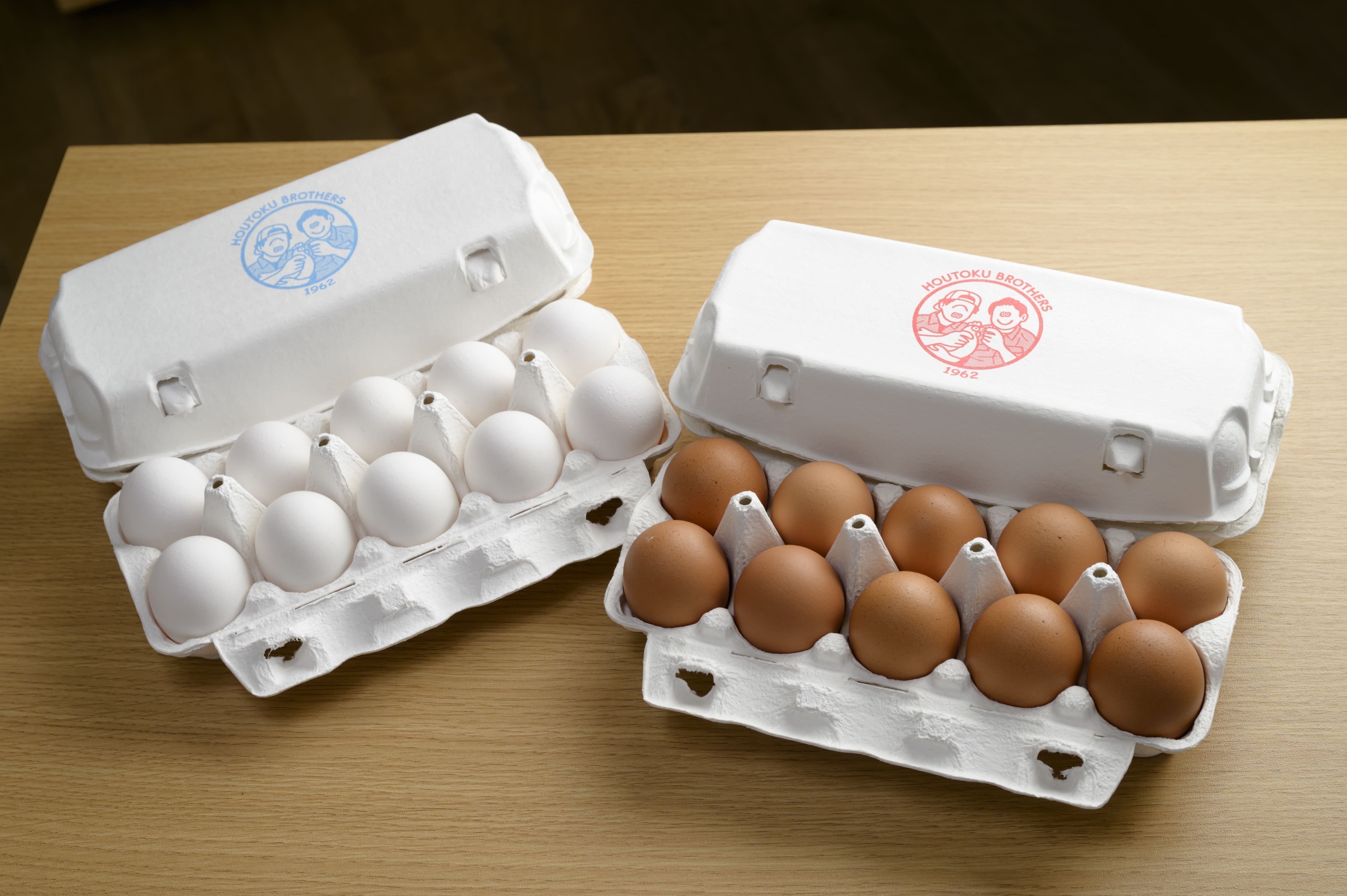 白卵と赤卵(ホウトク農場直売所|小美玉市)