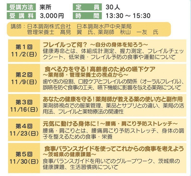 フレイル予防で、自分らしく、いきいきと
～薬局と一緒に学ぶ　健康づくりの５日間～
