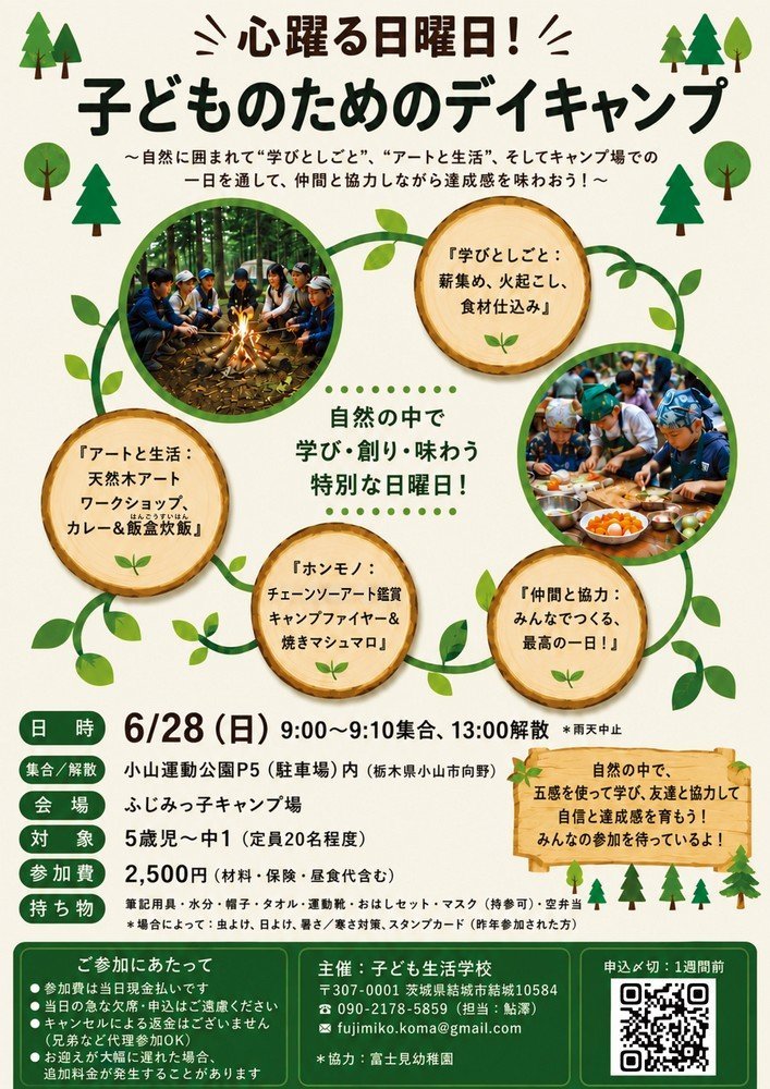 子どものためのデイキャンプ！
～自然に囲まれて“学びとしごと”“アートと生活”を楽しもう！～